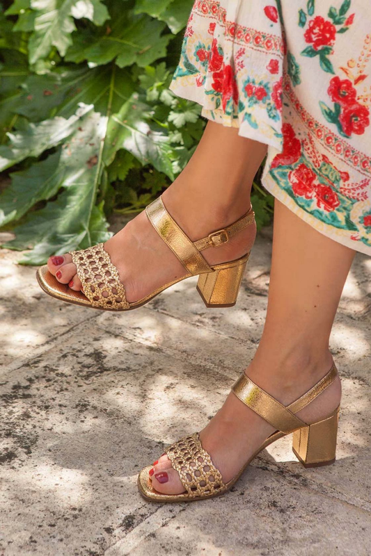 Woven Open Toe Slingback Metallic Gold Block Heels [Pre Order]