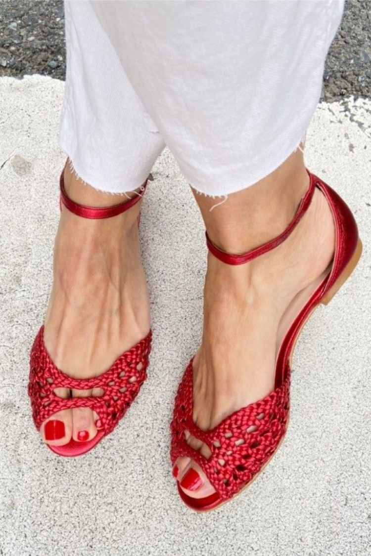 Woven Cutout Peep Toe Ankle Strap Red Flats [Pre Order]