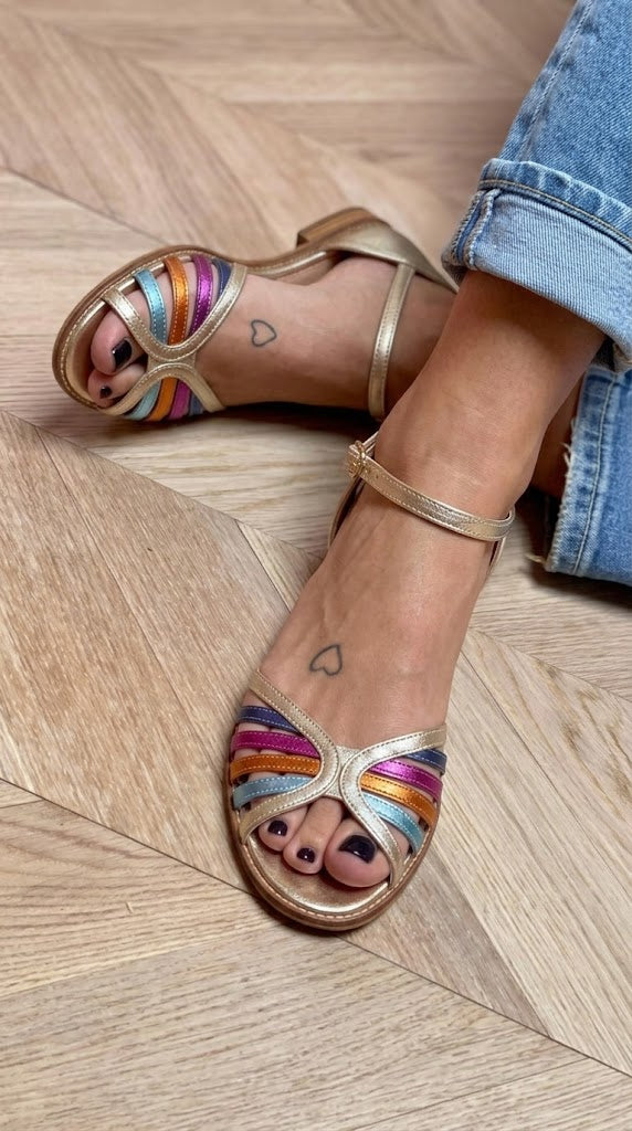 Rainbow Metallic Open Toe Ankle Strap Gold Flat Sandals [Pre Order]