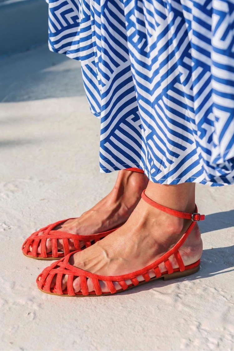 Red Suede Caged Toe Ankle Strap Flat Sandals [Pre Order]