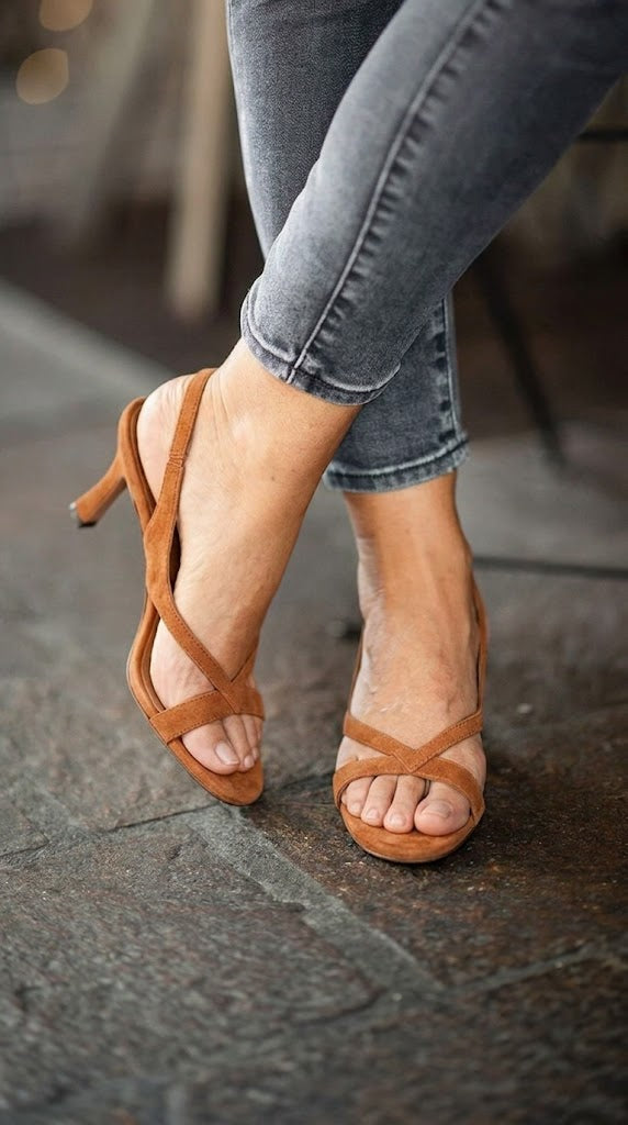 Criss Cross Open Toe Slingback Tan Kitten Heels [Pre Order]
