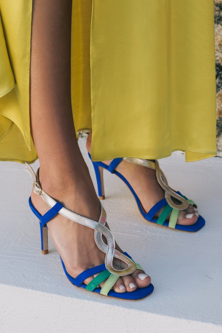 Multicolor Strappy Square Toe Slingback Blue Stiletto Heels [Pre Order]