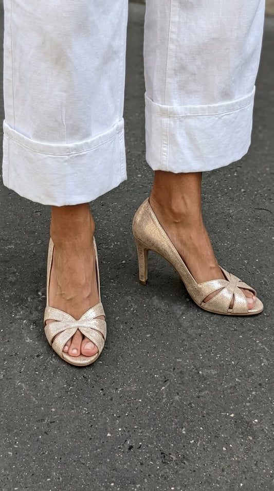 Crisscross Peep Toe Closed Back Gold Stiletto Heels [Pre Order]