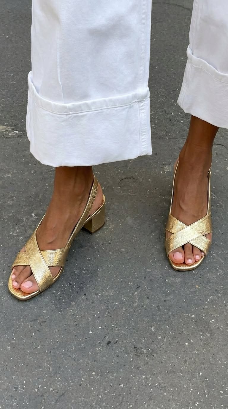 Criss Cross Open Toe Slingback Gold Block Heels [Pre Order]