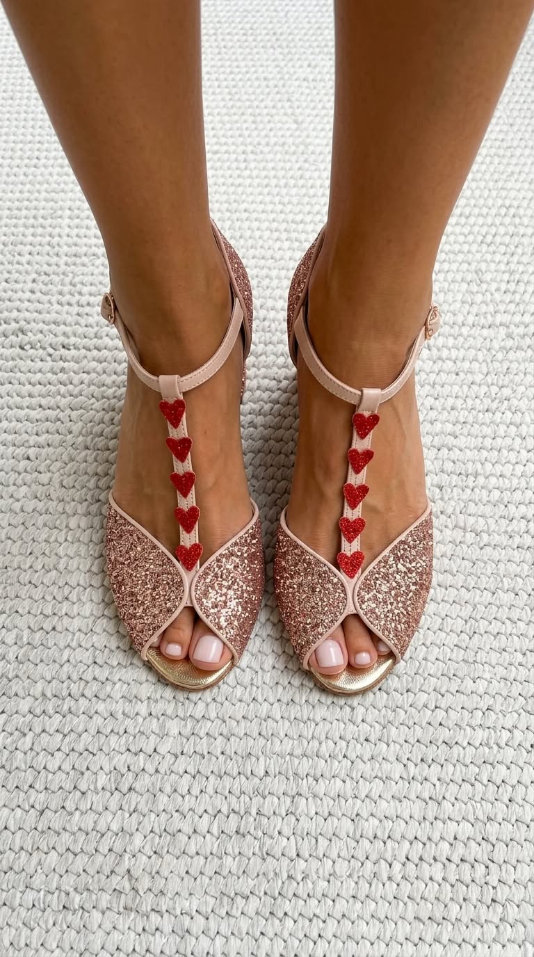 Glitter Heart Peep Toe T-Strap Rose Gold Chunky Heels [Pre Order]