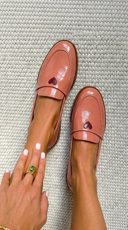 Heart Detail Round Toe Slip On Pink Flat Loafers [Pre Order]