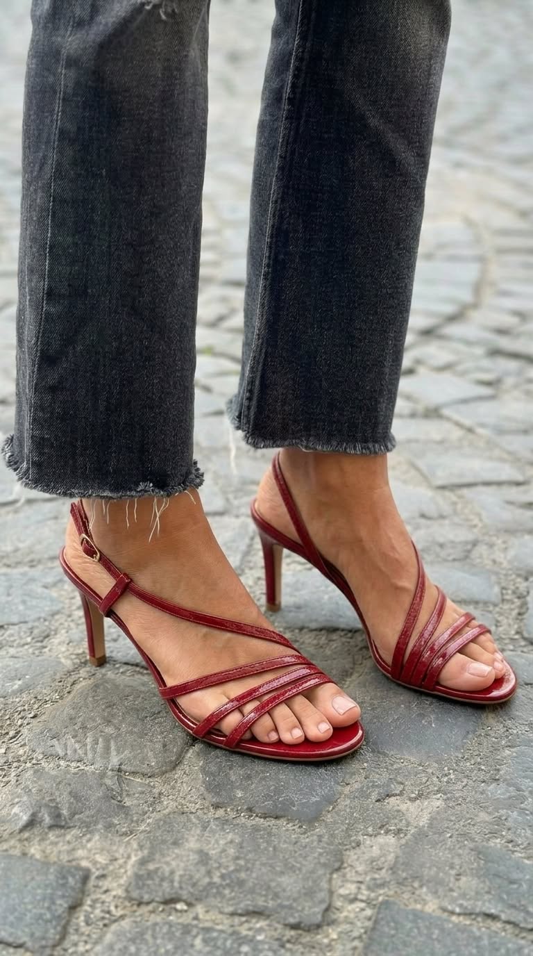 Strappy Patent Open Toe Slingback Burgundy Stiletto Heels [Pre Order]