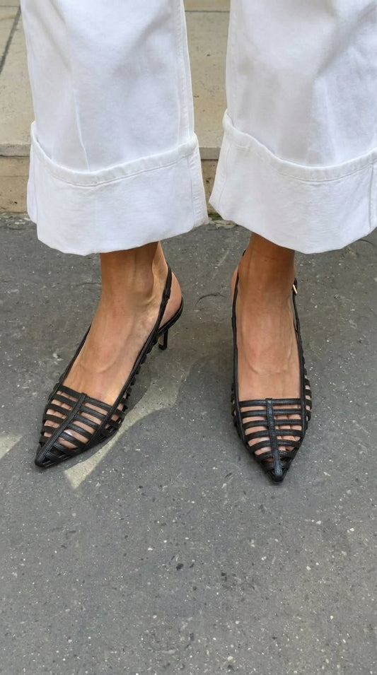 Caged Pointed Toe Slingback Black Kitten Heels [Pre Order]