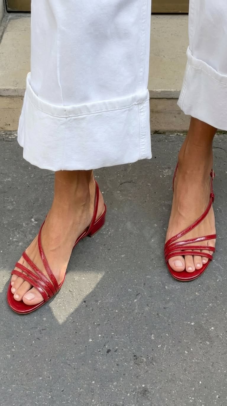 Multi Strap Open Toe Slingback Red Low Heels [Pre Order]