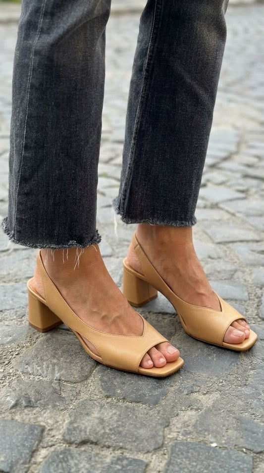 Smooth Leather Open Toe Slingback Beige Block Heels [Pre Order]