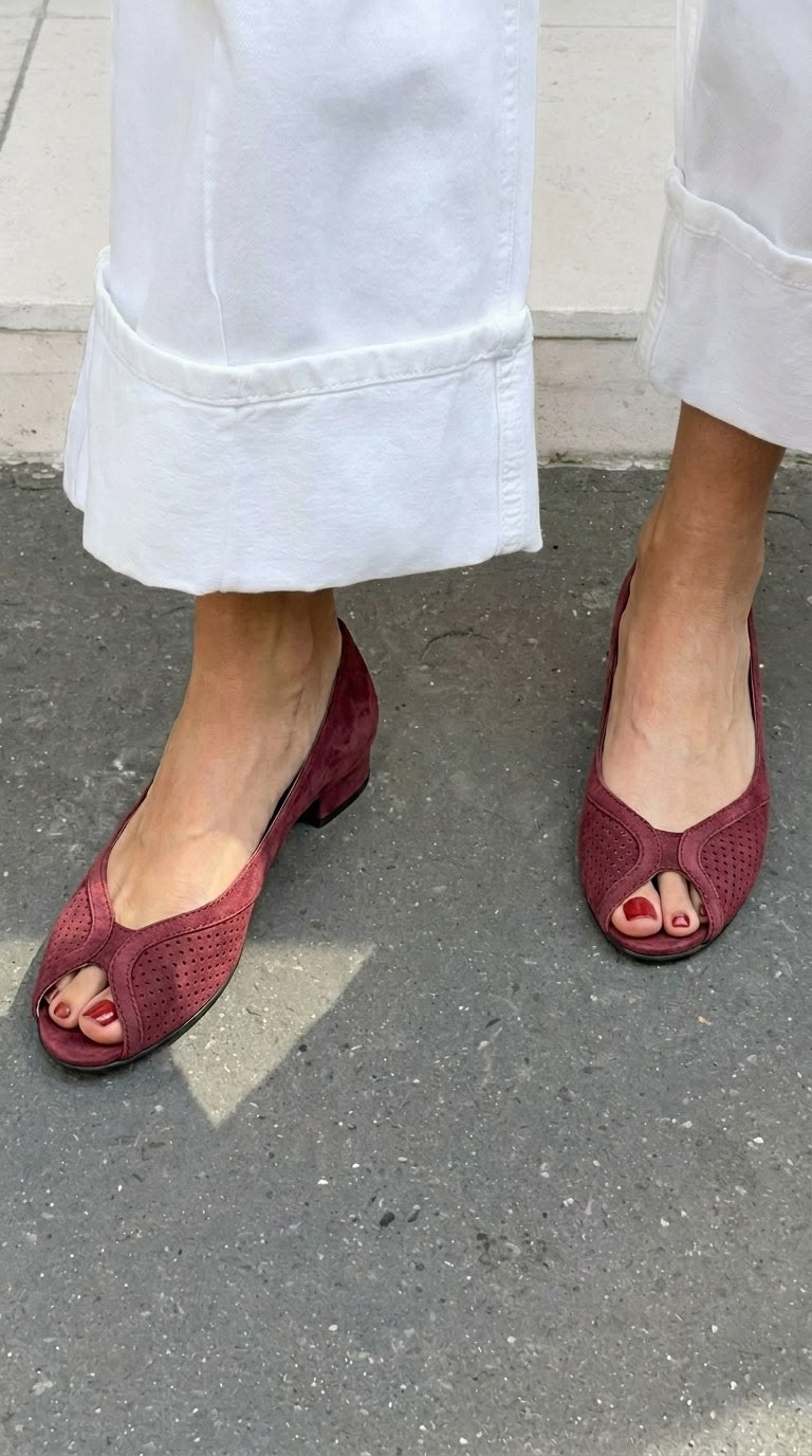 Perforated Suede Peep Toe Closed Back Burgundy Block Heels [Pre Order]