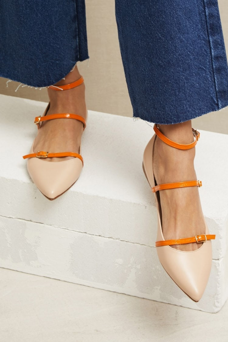 Beige Orange Pointed Toe Triple Strap Flat Shoes [Pre Order]