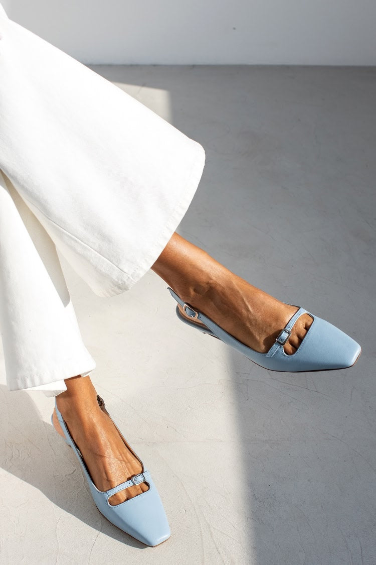 Light Blue Square Toe Cutout Slingback Leather Flats [Pre Order]