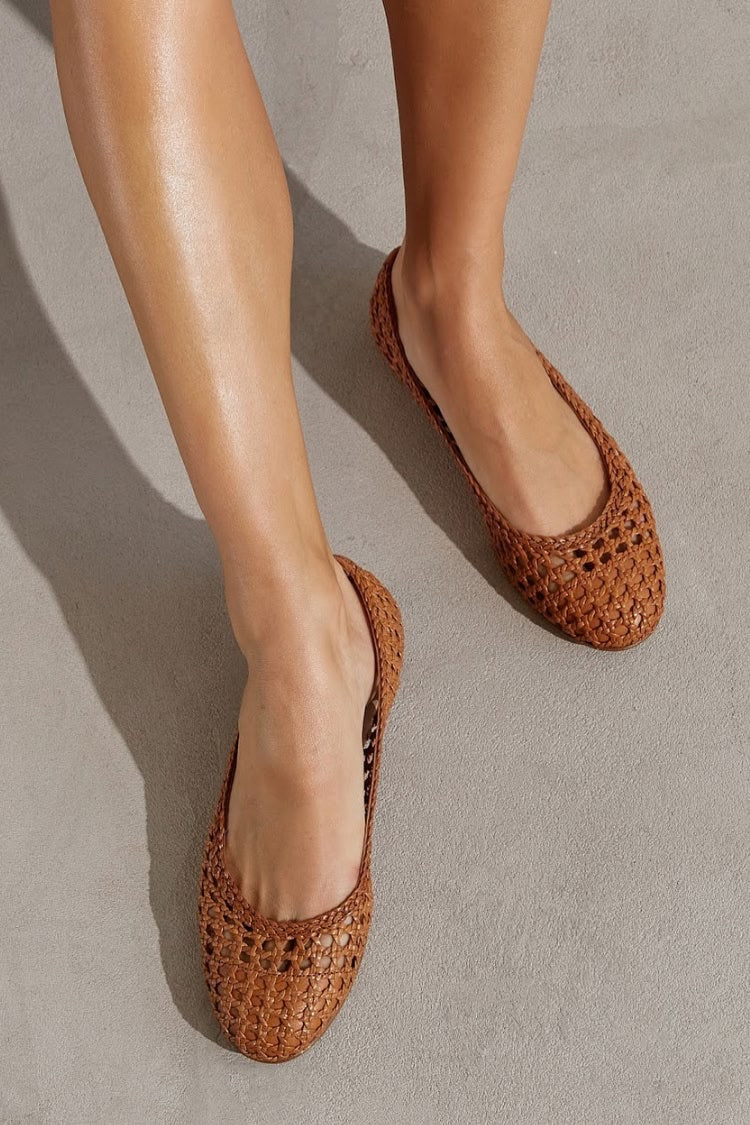 Woven Leather Round Toe Slip On Brown Ballet Flats [Pre Order]