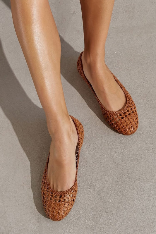 Woven Leather Round Toe Slip On Brown Ballet Flats [Pre Order]