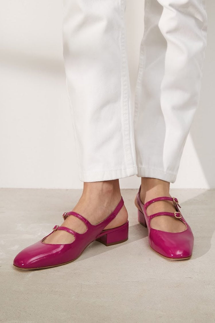 Fuchsia Double Strap Square Toe Slingback Block Heels [Pre Order]