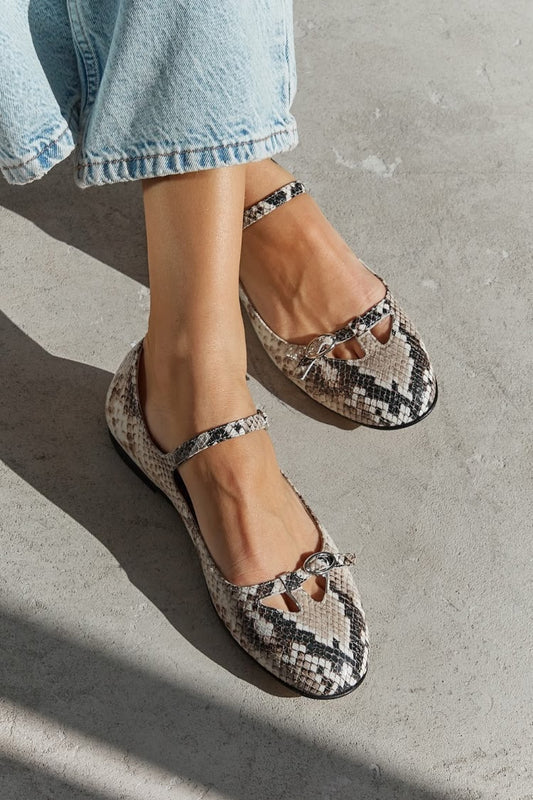 Snakeskin Print Round Toe Mary Jane Beige Flats [Pre Order]