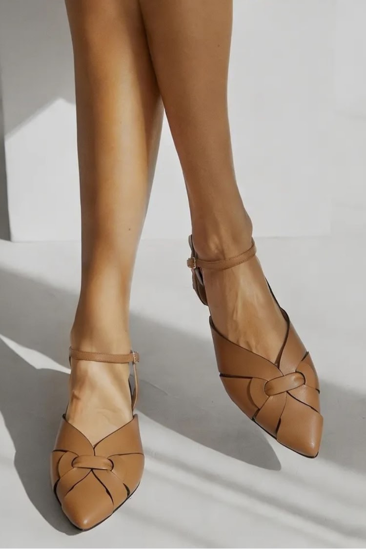 Camel Knotted Pointed Toe Ankle Strap Leather Flats [Pre Order]