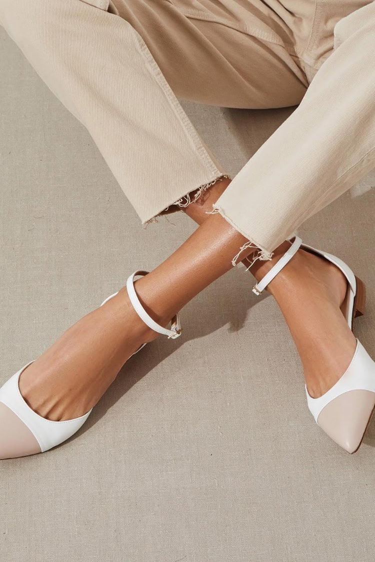 Two Tone Pointed Toe Ankle Strap Beige Low Heels [Pre Order]