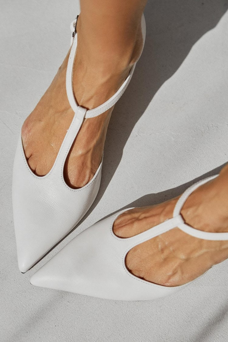 White Leather Pointed Toe T-Strap Slingback Flats [Pre Order]