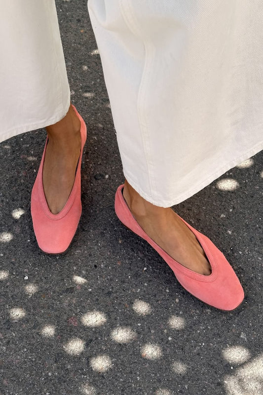 Pink Suede V-Cut Square Toe Slip On Flats [Pre Order]