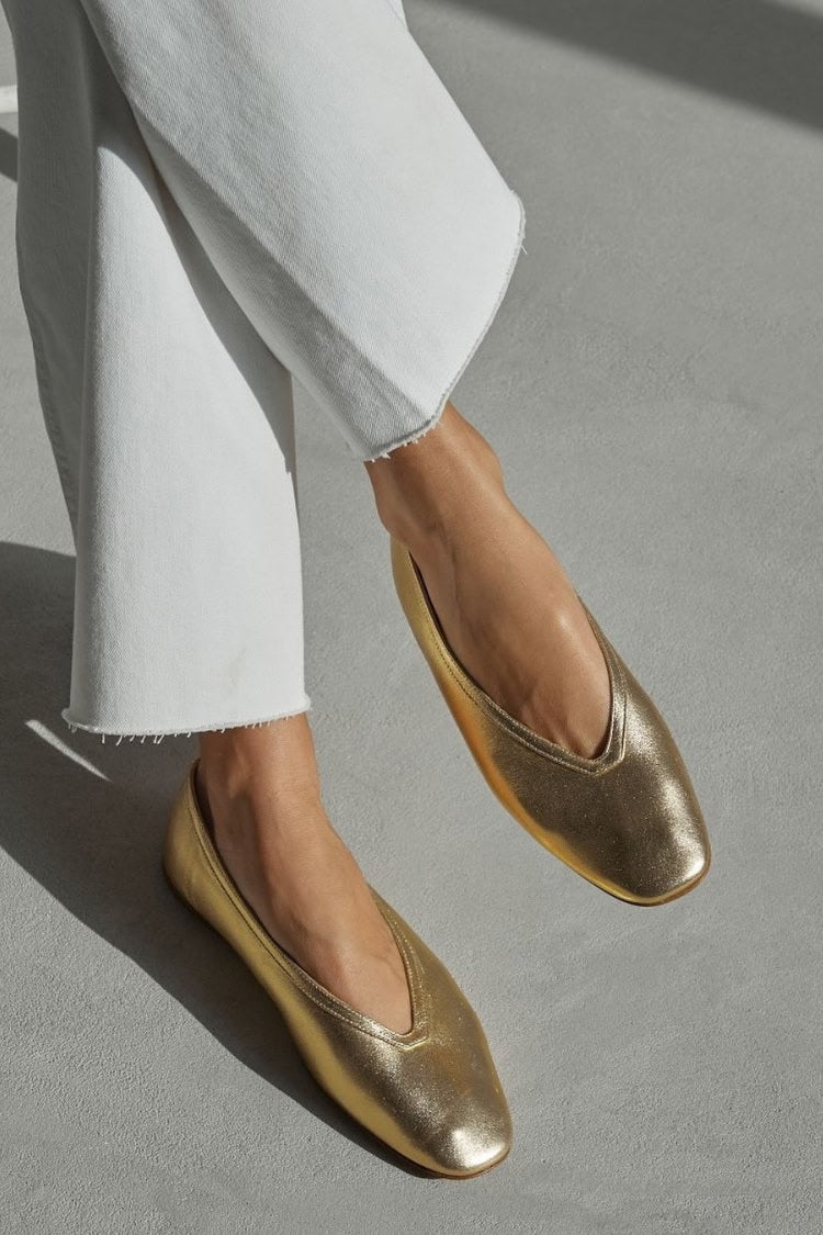 Metallic Gold V Neck Square Toe Slip On Flats [Pre Order]
