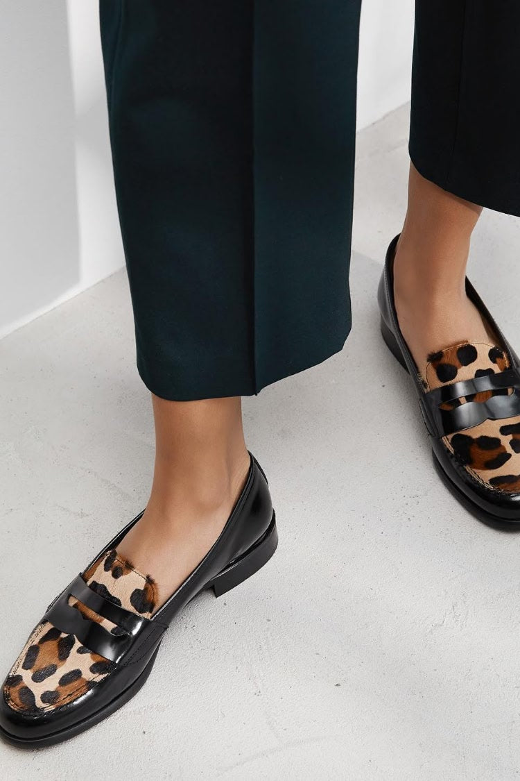 Leopard Print Round Toe Penny Black Flat Loafers [Pre Order]