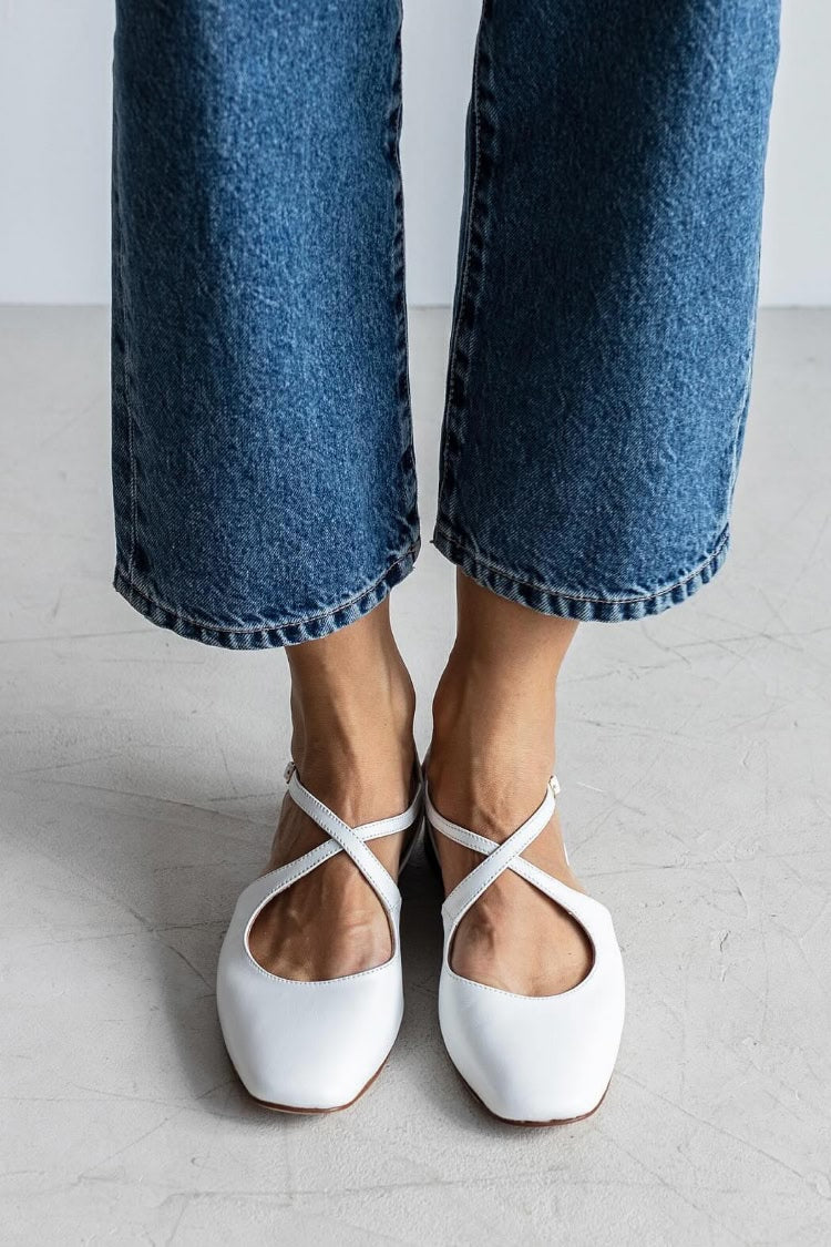 Solid White Square Toe Criss-cross Strap Leather Flats [Pre Order]