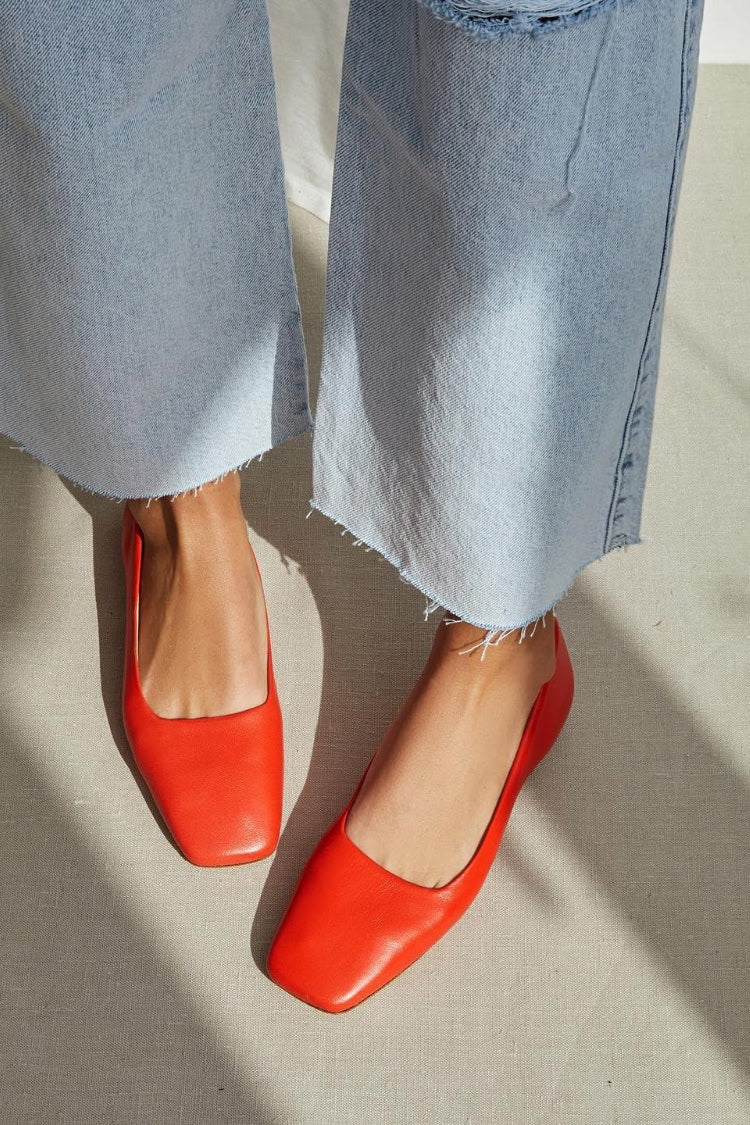 Smooth Leather Square Toe Slip On Red Ballet Flats [Pre Order]
