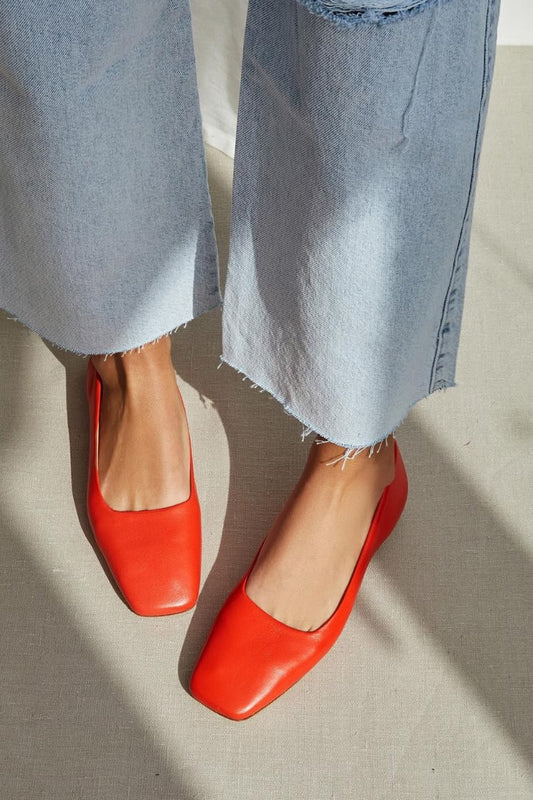 Smooth Leather Square Toe Slip On Red Ballet Flats [Pre Order]