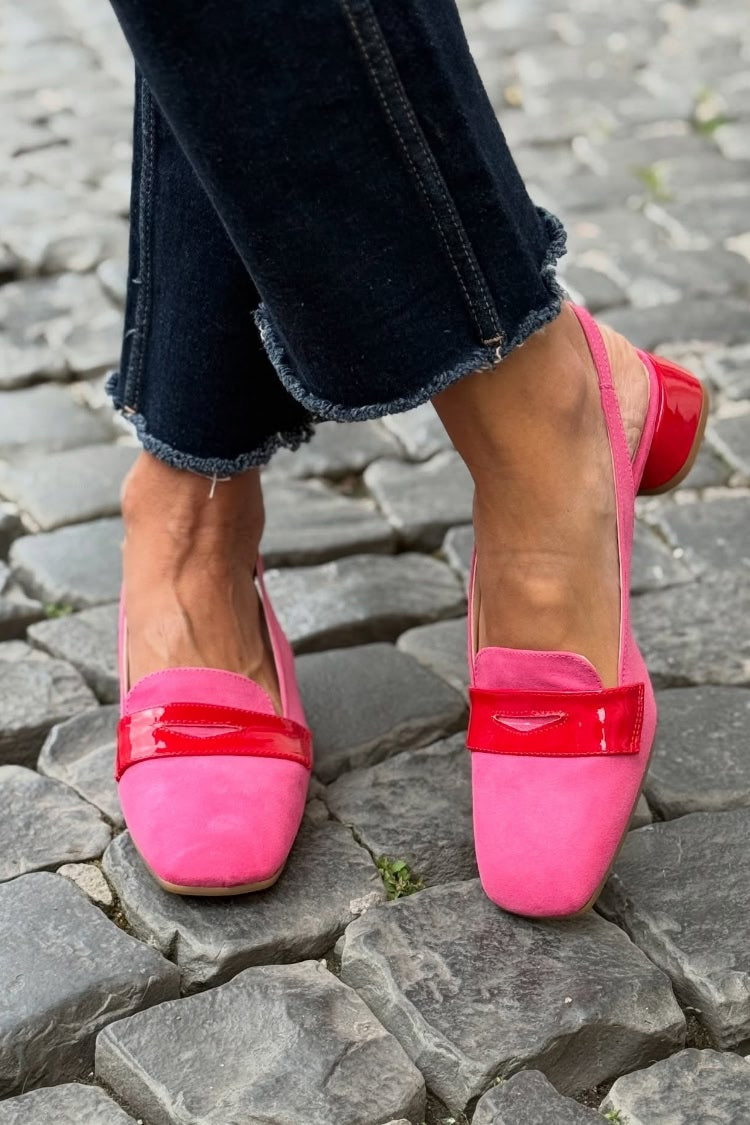 Pink Suede Square Toe Slingback Red Patent Block Heels [Pre Order]