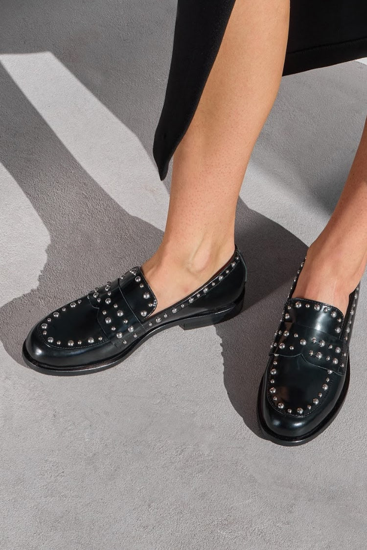 Silver Studded Round Toe Penny Black Flat Loafers [Pre Order]