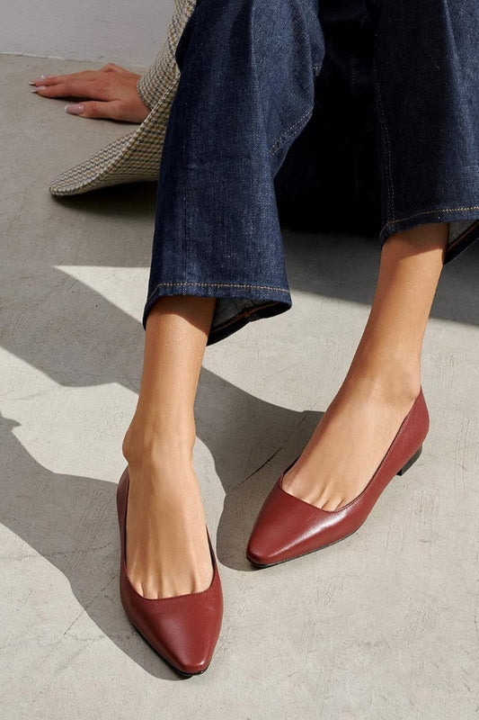 Leather Pointed Toe Closed Back Burgundy Low Heels [Pre Order]