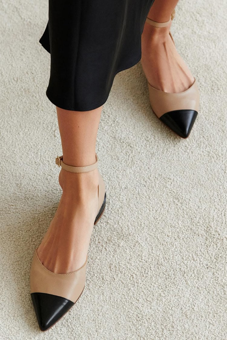 Two Tone Pointed Cap Toe Ankle Strap Beige Flats [Pre Order]
