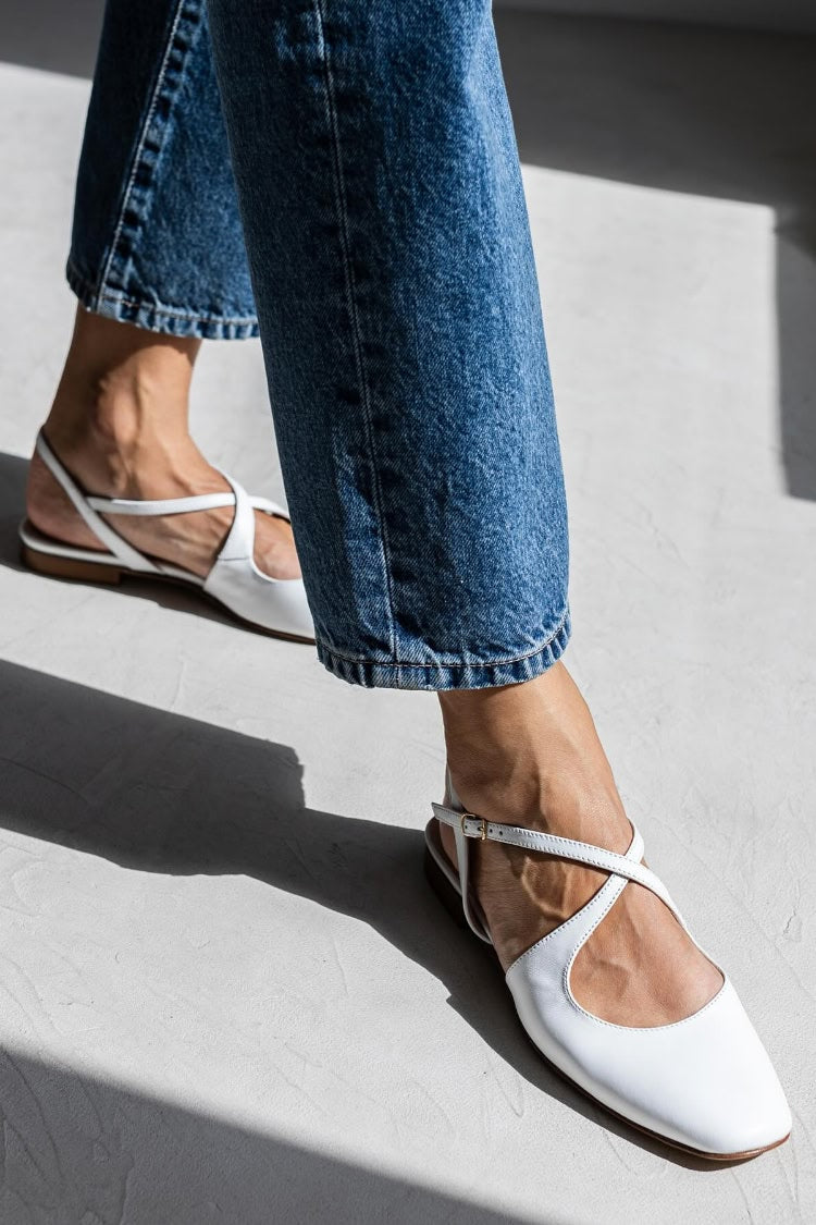 White Square Toe Crisscross Slingback Minimalist Flat Sandals [Pre Order]