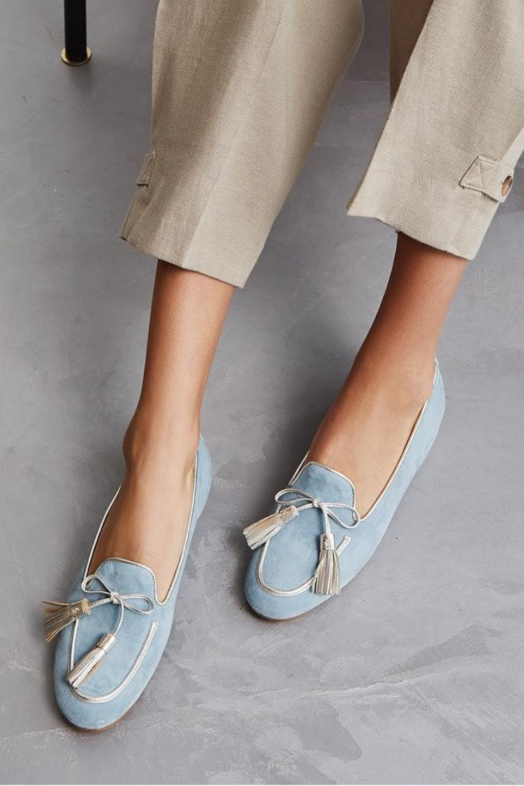 Light Blue Suede Almond Toe Closed Back Tassel Flats [Pre Order]