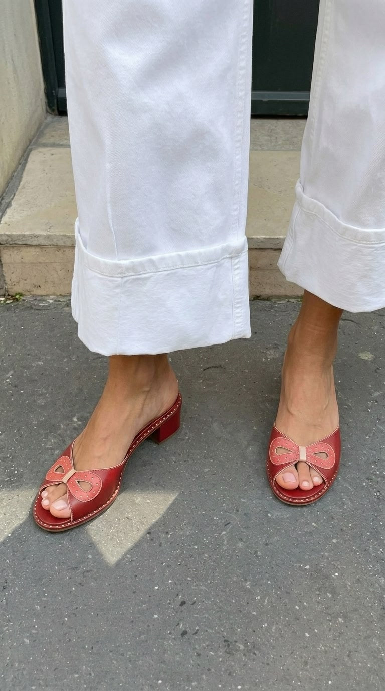 Perforated Bow Peep Toe Slide Red Block Heels [Pre Order]