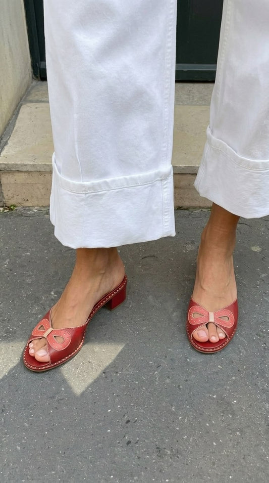 Perforated Bow Peep Toe Slide Red Block Heels [Pre Order]