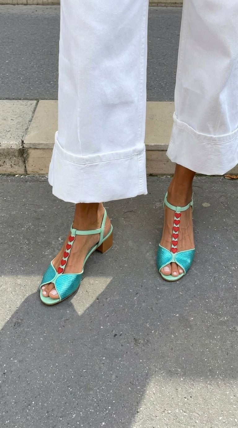 Red Heart Peep Toe T-Strap Teal Snakeskin Block Heels [Pre Order]