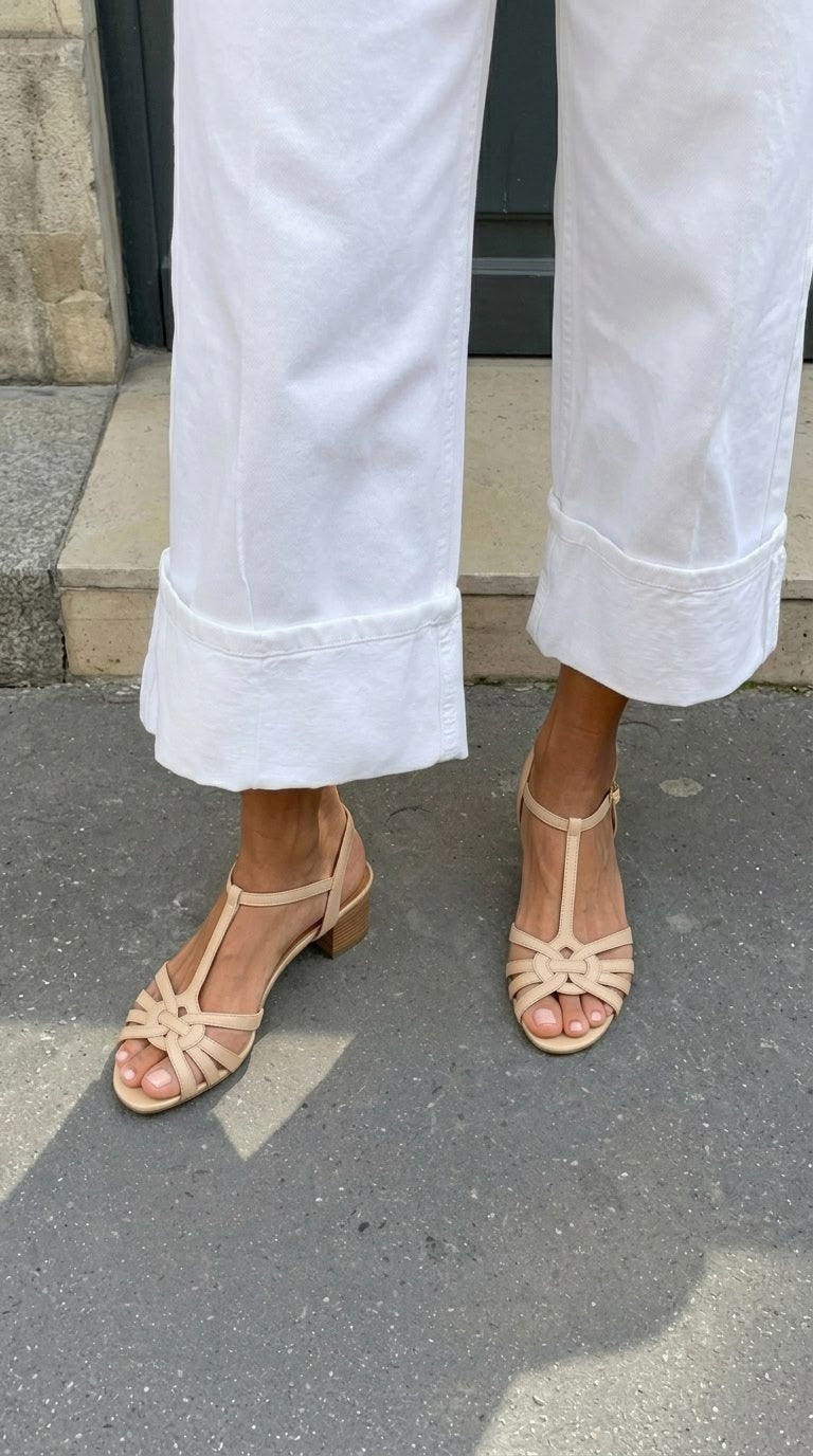 Woven T-Strap Open Toe Beige Low Block Heels [Pre Order]