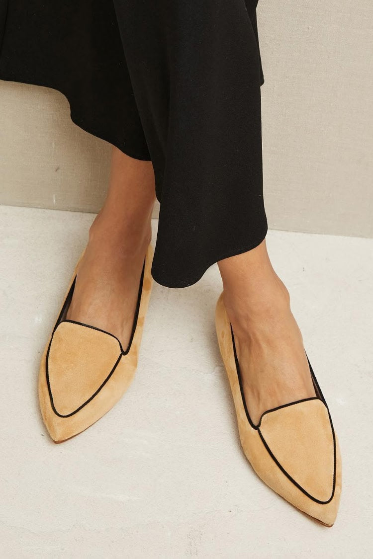 Tan Suede Pointed Toe Black Trim Flat Loafers [Pre Order]