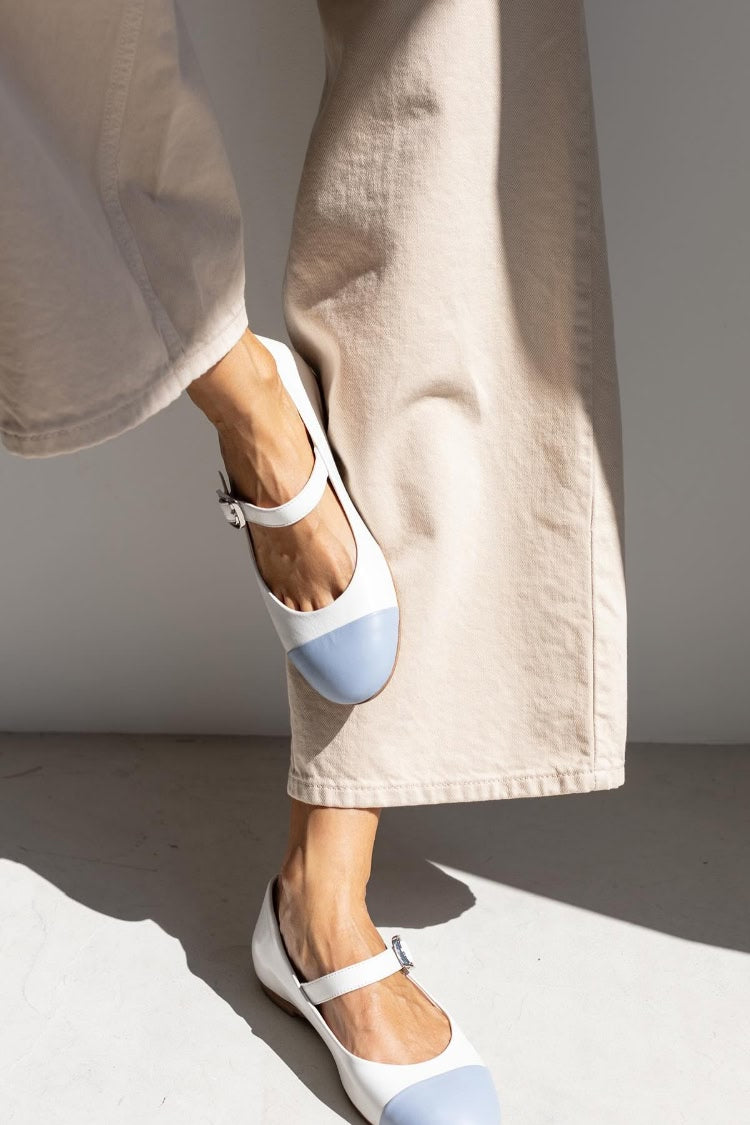 Blue Cap Round Toe Mary Jane White Flats [Pre Order]
