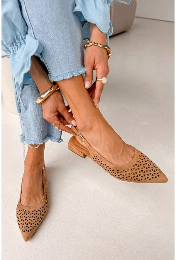 Laser Cut Pointed Toe Slingback Tan Flat Shoes [Pre Order]