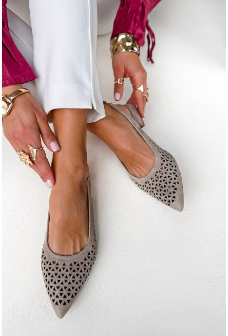 Laser Cut Pointed Toe Slingback Taupe Flat Shoes [Pre Order]