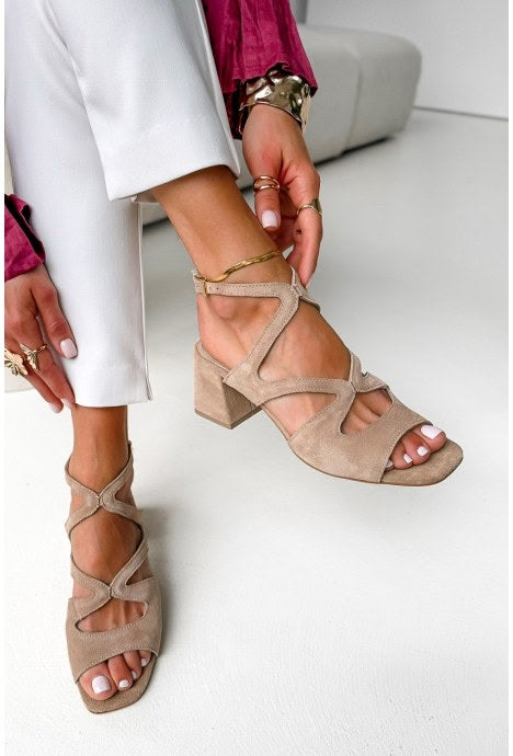 Suede Square Toe Ankle Strap Beige Block Heels [Pre Order]