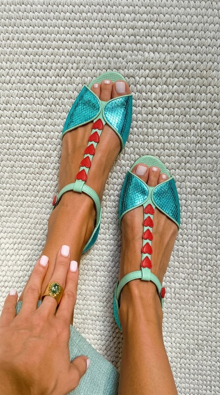 Red Heart Peep Toe T-Strap Teal Flat Sandals [Pre Order]