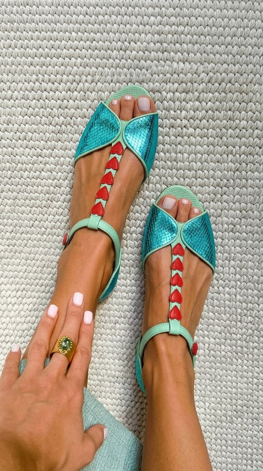 Red Heart Peep Toe T-Strap Teal Flat Sandals [Pre Order]