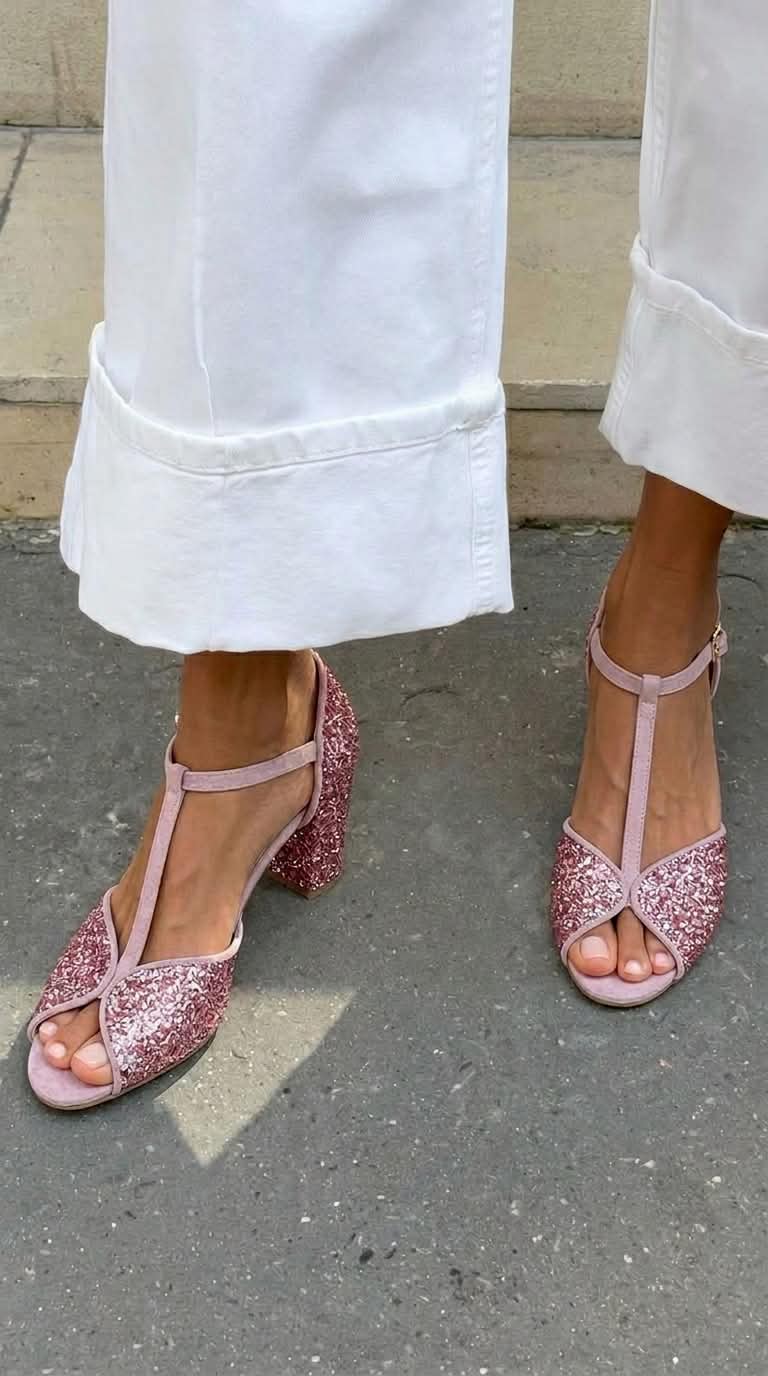 Pink Glitter Peep Toe T-Strap Blush Chunky Heels [Pre Order]
