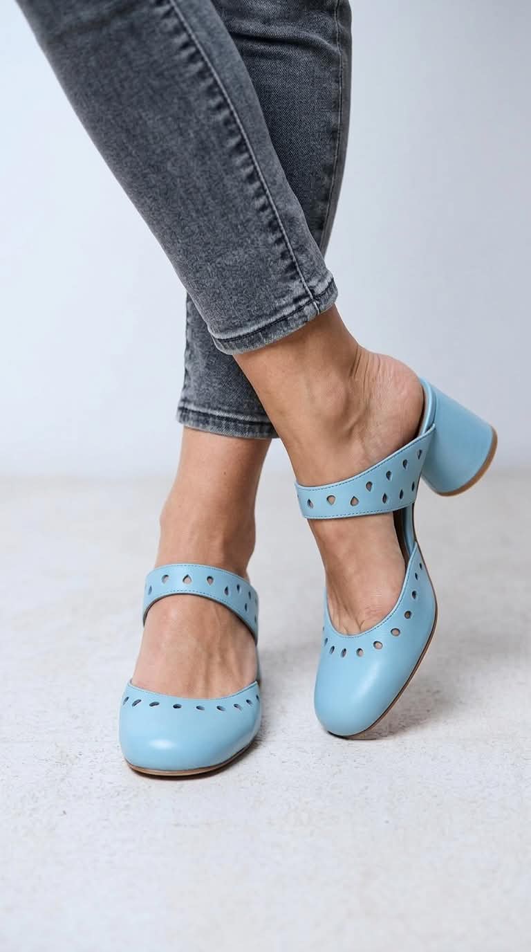 Laser Cut Round Toe Strap Blue Block Heels [Pre Order]