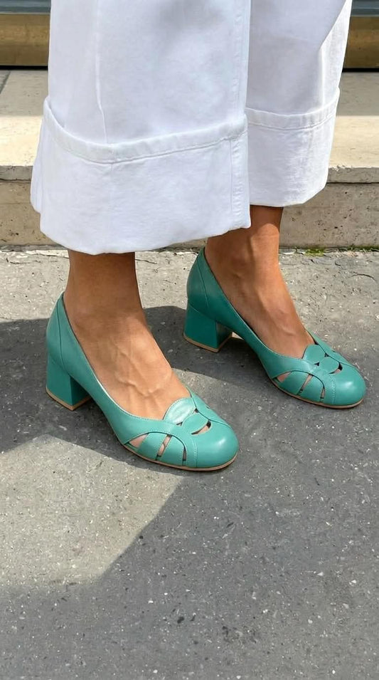 Teal Cutout Detail Round Toe Closed Back Block Heels [Pre Order]